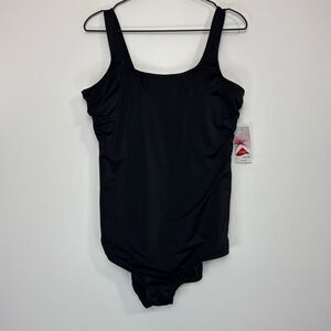 Lands End Black Square Neck One Piece Swimsuit 16DD NWT